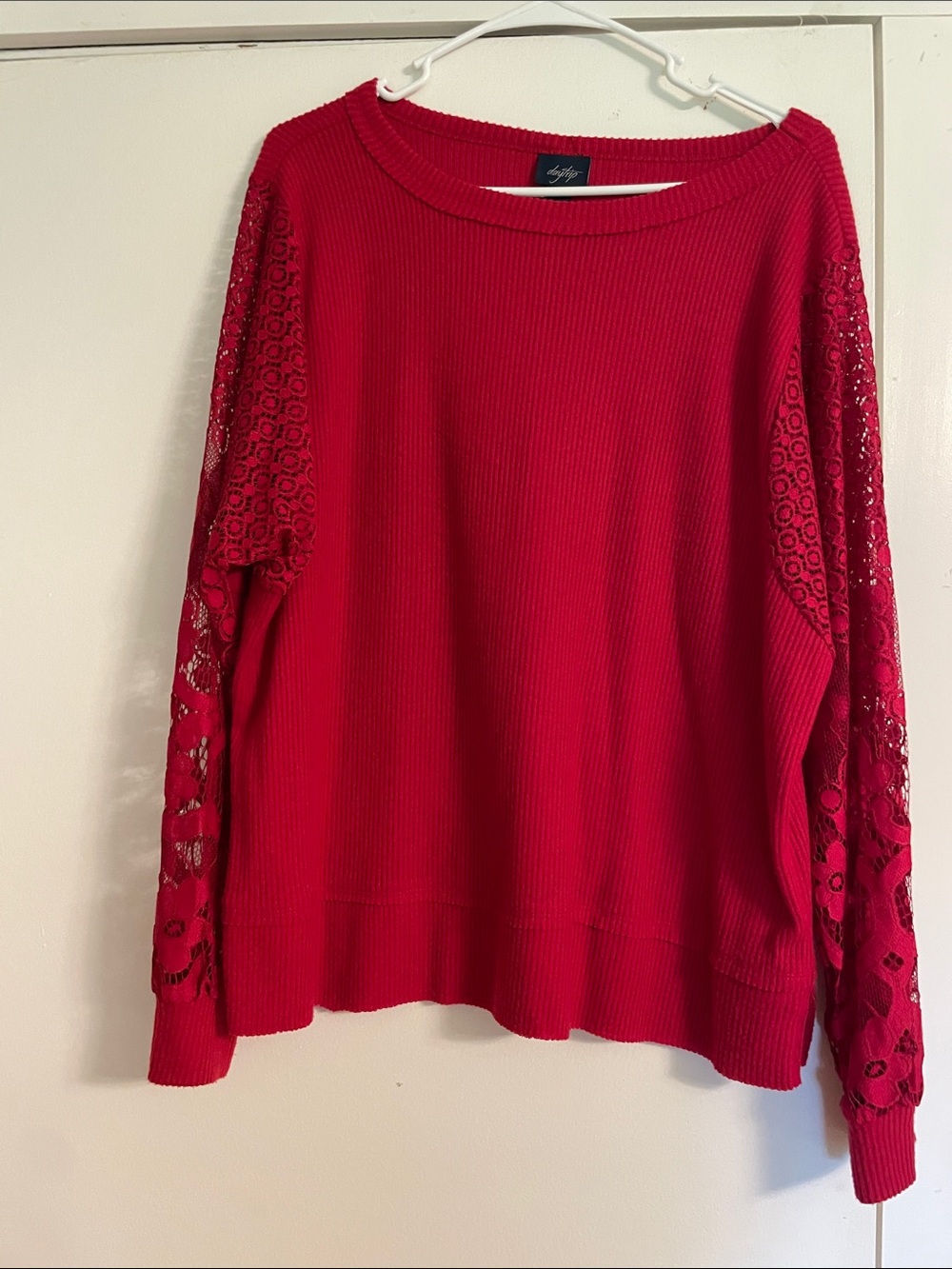 Daytrip Red Lace-Sleeve Crewneck Sweater